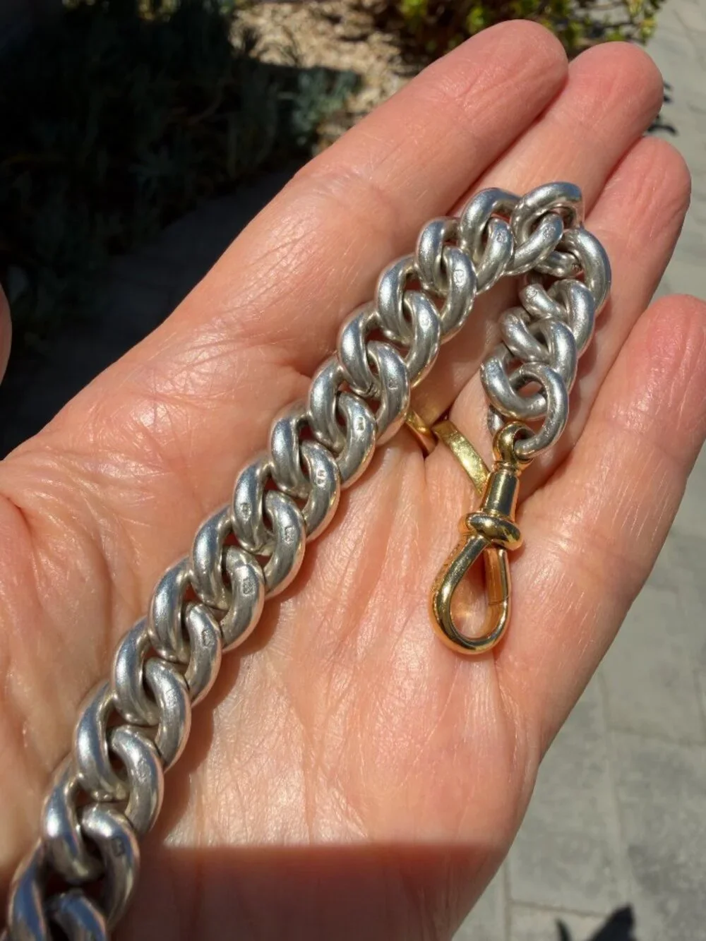 Chunky antique sterling silver curb chain bracelet with XL gold dog clip, 6.5